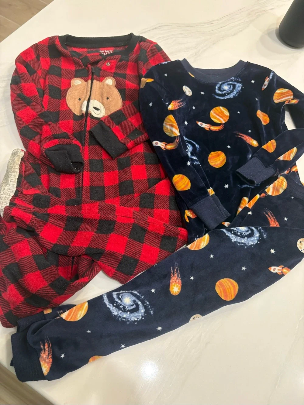 Carter's Red & Black Buffalo Plaid Bear and Navy Space Planet Pajama Set